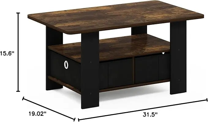 Furinno Andrey Coffee Table with Bin Drawer, Amber Pine/Black Small Non-Lift Top - LeafyLoom