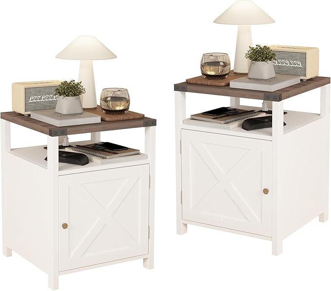 Farmhouse Nightstand Set of 2 with Charging Station, Rustic End Table Bedroom with Storage Living Room Side Table White Night Stand Industrial Bedside Bed Table with USB Ports and Outlets - LeafyLoom