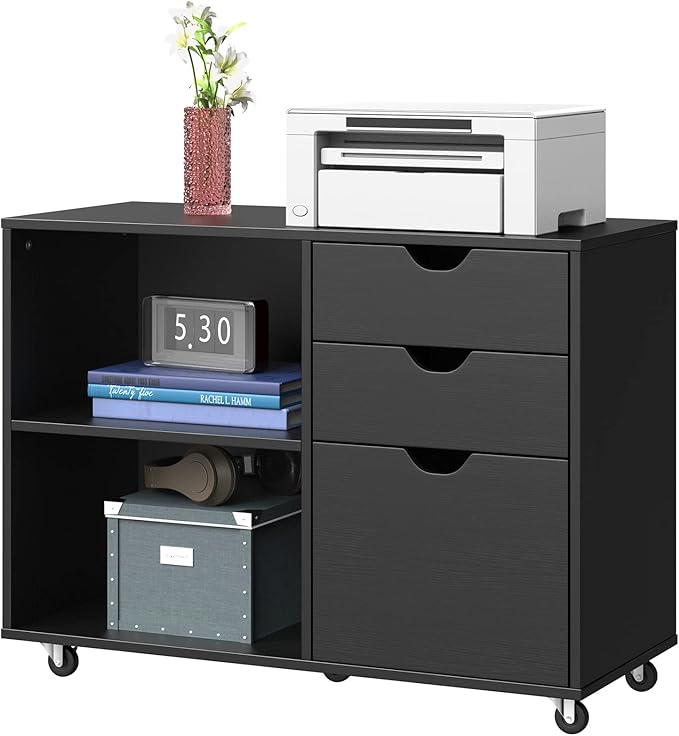 YITAHOME Wood File Cabinet, 3 Drawer Mobile Lateral Filing Cabinet, Storage Cabinet for A4, Letter Size Files, Printer Stand with Shelves for Home Office, Black - LeafyLoom