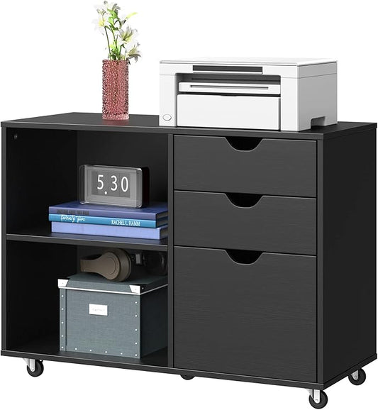 YITAHOME Wood File Cabinet, 3 Drawer Mobile Lateral Filing Cabinet, Storage Cabinet for A4, Letter Size Files, Printer Stand with Shelves for Home Office, Black - LeafyLoom