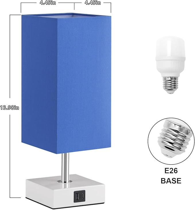 Ambimall Blue Table Lamp with USB Ports - 3 Way Touch Lamps Beside Desk, Nightstand Lamp for Bedrooms Living Room, Blue Shade with White Base, LED Bulb Included(Blue) - LeafyLoom