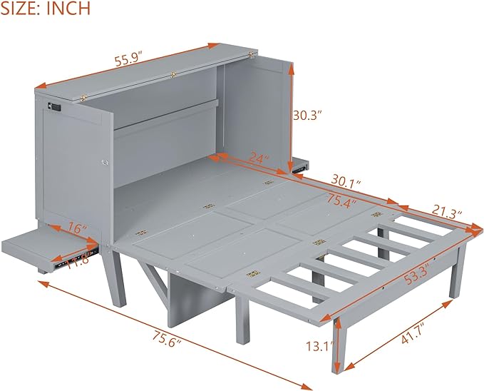 Murphy Bed Full Size with USB Port and Removable Shelves on Each Side, Wooden Platform Bedframe Foldable into Wall Cabinet, Space Saving, for Bedroom Guest Room Office, Gray - LeafyLoom