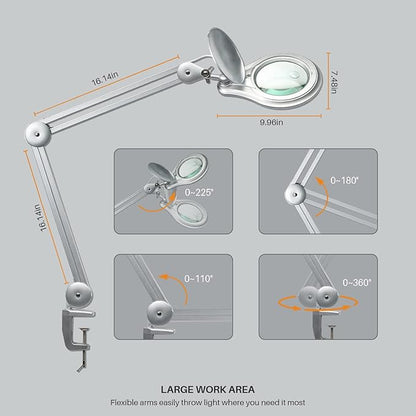 Bifocals LED Magnifying Lamp with Clamp, 5 Diopter with 20 Diopter, 5 Inch Magnifier Glass Lens, 1200 Lumens Dimmable Magnifier Lamp for Desk Craft Hobby with 60PCS Bright LEDs - LeafyLoom