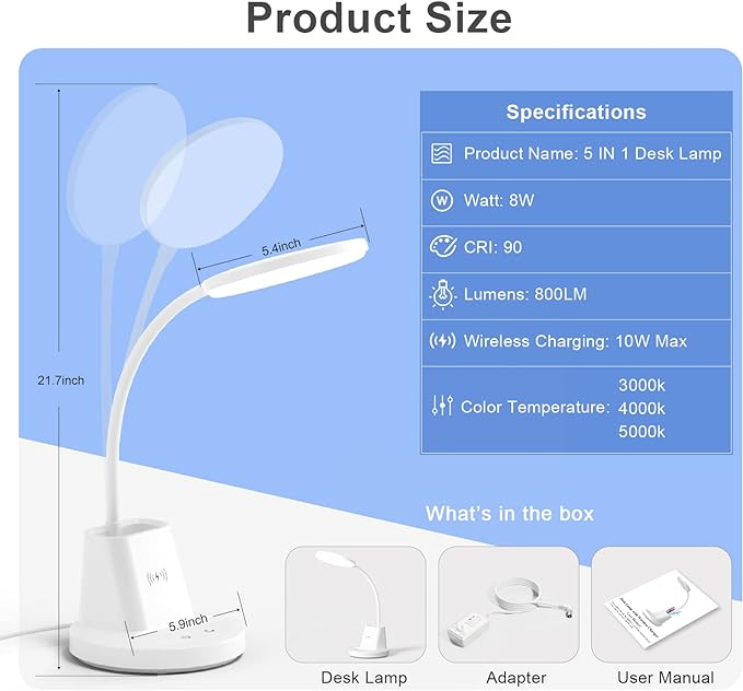 Sailstar Desk Lamp for Home Office, Small Desk Lamp with Wireless Charger & Pen Holder, Cute Desk Lamp LED Dimmable Touch 3 Lighting Modes Memory, Gooseneck White Desk Light for College Dorm Room - LeafyLoom