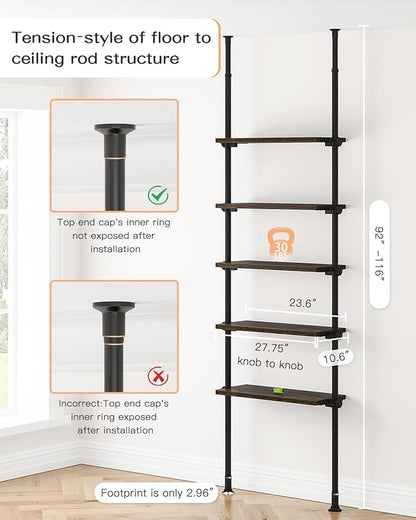 ALLZONE 5 Tiers Narrow Bookshelf, Tall Adjustable Ladder Book Shelf with Open Storage, Floor to Ceiling Tension Mount, Wooden Industrial Bookcase for Living Room, 92 to 116 Inch, Brown - LeafyLoom