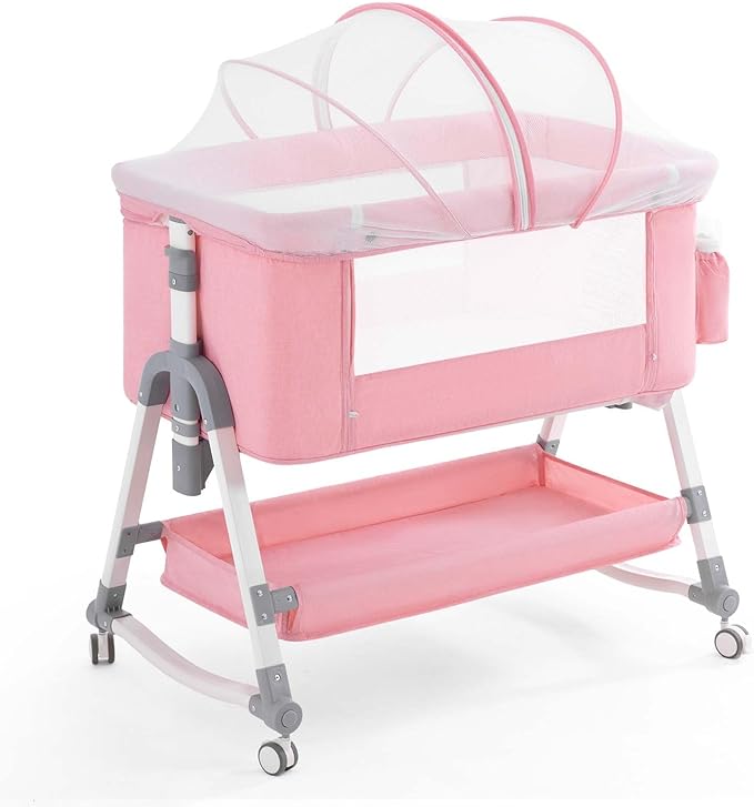 4 in 1 Baby Bassinet, Rocking Bassinets Bedside Sleeper with Comfy Mattress and Wheels, Height Adjustable Easy Folding Portable Bedside Crib for Newborn Infant,Pink - LeafyLoom