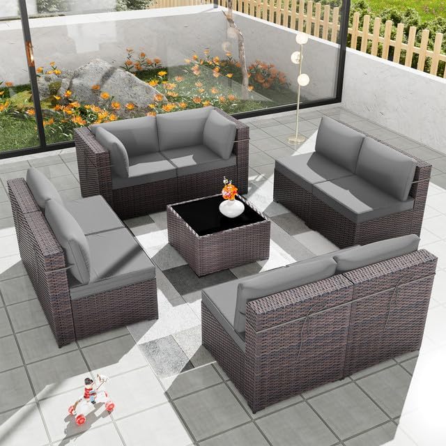 Patio Furniture Set 9-Piece Outdoor Furniture for Backyard Wicker Sectional Sofa Set, Rattan Patio Conversation Set with Thickened Cushions and Glass Coffee Table, Grey - LeafyLoom