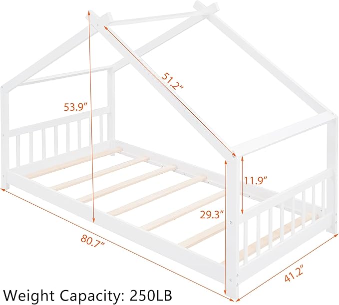 Montessori Floor Bed Frame Twin Size, Twin Floor Bed Frame with Headboard, Footboard and Slats, Wood Montessori Bed Frame/Montessori House Bed for Kids, Girls, Boys(White) - LeafyLoom