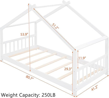 Montessori Floor Bed Frame Twin Size, Twin Floor Bed Frame with Headboard, Footboard and Slats, Wood Montessori Bed Frame/Montessori House Bed for Kids, Girls, Boys(White) - LeafyLoom