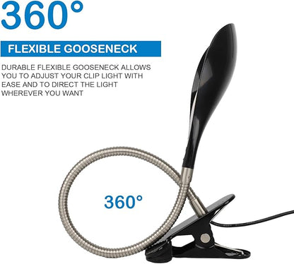 Desk lamp Eye-Caring Table Lamps, 360°Rotation Gooseneck Clip on Lamp Reading Light, Portable Reading Book Light, Clamp Light, Study Desk Lamps for Bedroom and Office Home Lighting (Black-C02) - LeafyLoom