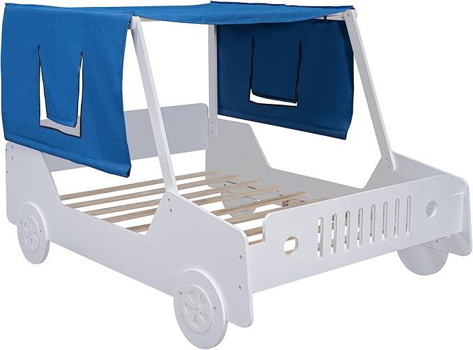 Twin Size Kids Car Bed with Tent Canopy & Wheels,Wood Bedframe W/Safty Grille,Raised Base Design,Easy to Assemble,Toddler Boys Bedroom Car-Shaped Beds for Reading Playing Relaxing,Natural - LeafyLoom