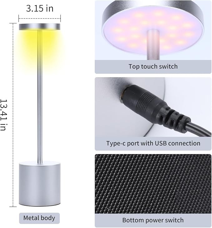 2 Pack Cordless Table Lamp, Led Bedside Lamp Rechargeable Desk Lamp, 5200mah Battery Portable Desk Lamp, Adjustable Light Brightness, Suitable for Restaurants, Indoor, Outdoor, Study (Silver) - LeafyLoom