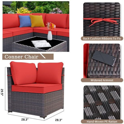 Patio Furniture Set Sofa 12-Pieces Wicker Sectional Sofa Set, Outdoor Furniture Rattan Patio Conversation Set with Thickened Cushions and Glass Coffee Tables, Red - LeafyLoom