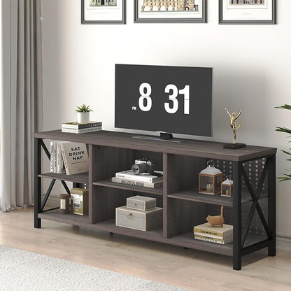 LVB TV Stand for 70 Inch TV, Rustic Industrial Entertainment Center, Large Television Stands for Living Bedroom, Long Wood Metal TV Table Stand with Media Console Cabinet Storage, Dark Gray Oak, 59 IN - LeafyLoom