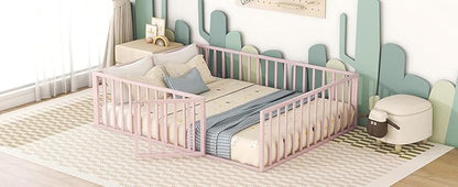 RITSU Queen Size Metal Floor Fence Bed, Montessori Bedframe, with Safety Guardrail and Door, for Children Bedroom, Boys Girls, Apartment, Strong & Durable, Easy to Assemble, Pink - LeafyLoom