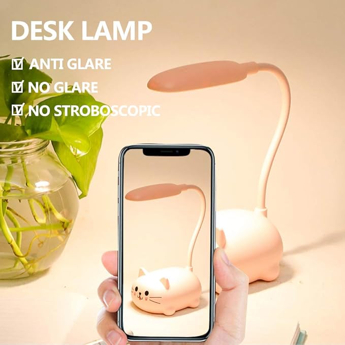 Kids Lamp, LED Desk Lamp for Kids, Cute Cat Lamp Kawaii Desk Accessories, Flexible Gooseneck Eye-Care Cartoons Small Desk Lamp Girls Gifts (Pink) - LeafyLoom