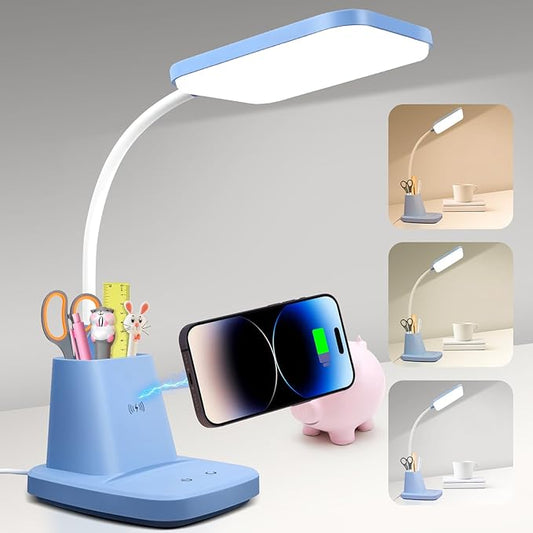 Sailstar Small Desk Lamp, Kids Desk Lamp with Pen Holder, Wireless Charger LED Desk Lamps for Home Office, 800LM Gooseneck 3 Modes Dimmable Touch Cute Desk Lamp, Blue Study Lamp for College Dorm Room - LeafyLoom