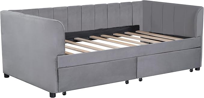 Modern Twin Size Upholstered Daybed Frame with Storage Drawers, Elegant Velvet Fabric Sofa Bed with Ergonomic Design Backrest and Armrests, No Box Spring Needed, Gray - LeafyLoom