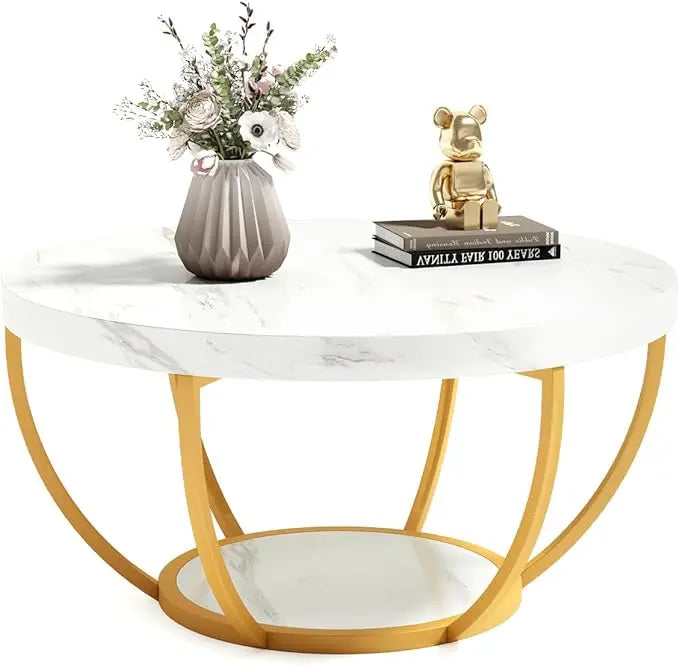 Round Coffee Table, 32" Circle Faux Marble Coffee Tables for Living Room, 2-Tier Golden Metal Legs Accent Center Table with Open Storage Modern Design Home Furniture (White and Gold) - LeafyLoom