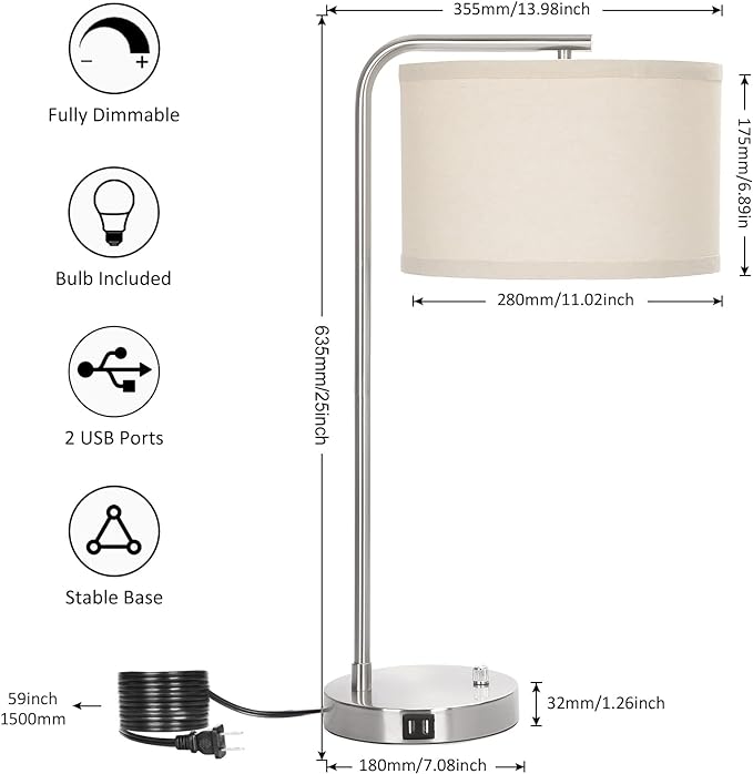 Table Lamp for Living Room, Modern Bedside Lamp with Dual USB Ports, Fully Dimmable Nightstand Lamp with Beige Drum Shade, Silver Finish Side Table Lamp for Bedroom Office, 3000K LED Bulb Included - LeafyLoom