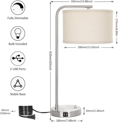 Table Lamp for Living Room, Modern Bedside Lamp with Dual USB Ports, Fully Dimmable Nightstand Lamp with Beige Drum Shade, Silver Finish Side Table Lamp for Bedroom Office, 3000K LED Bulb Included - LeafyLoom