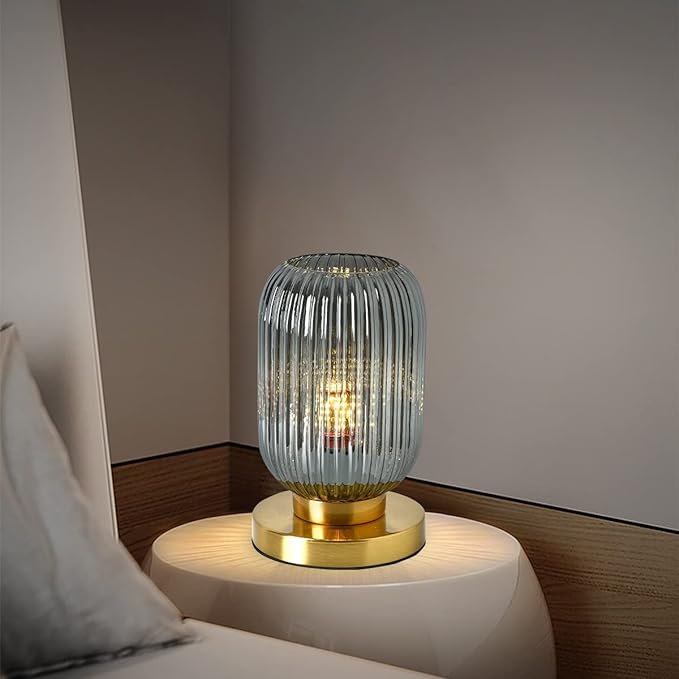 Bedside Table Lamp Mid Century Glass Table Lamps Modern Globe Table lamp Gold Desk lamp nightstand lamp with Pumpkin Design with Ribbed Glass Shade for Bedroom Living Room Office (Smoke gray) - LeafyLoom