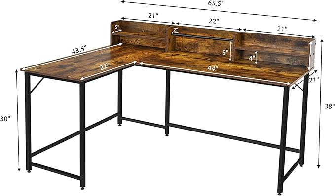 LUARANE 65.5 Inches L-Shaped Desk, Industrial Computer Desk with Hutch File Rack, Space Saving Corner Desk with Metal Frame, Computer Workstation for Home Office (Coffee) - LeafyLoom