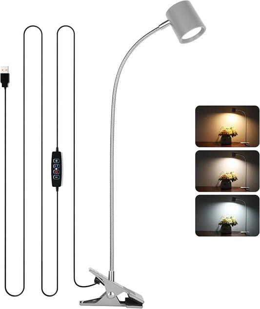 Dott Arts Desk Lamp,USB Clip On Light with 3 Color Modes,LED 10 Levels Brightness Reading Lamp, 360°Gooseneck Book Light,Eye-Care Reading Light for Home Office,Headboards Grey - LeafyLoom