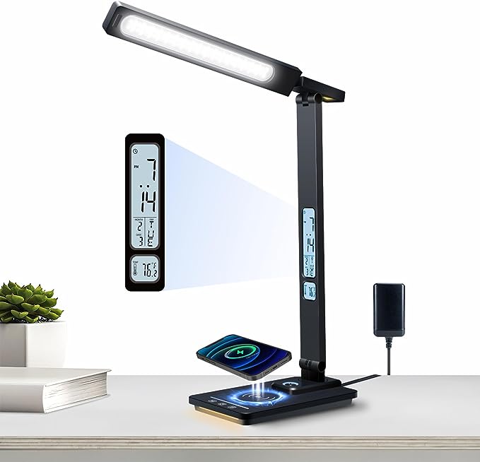 Led Desk Lamp with Wireless Charger, Desk Lamps for Home Office with Clock, Alarm, Date, Temperature | Desk Light with Night Light, 45 Min Auto Timer | Touch Control Smart Lamp for College, Dorm - LeafyLoom