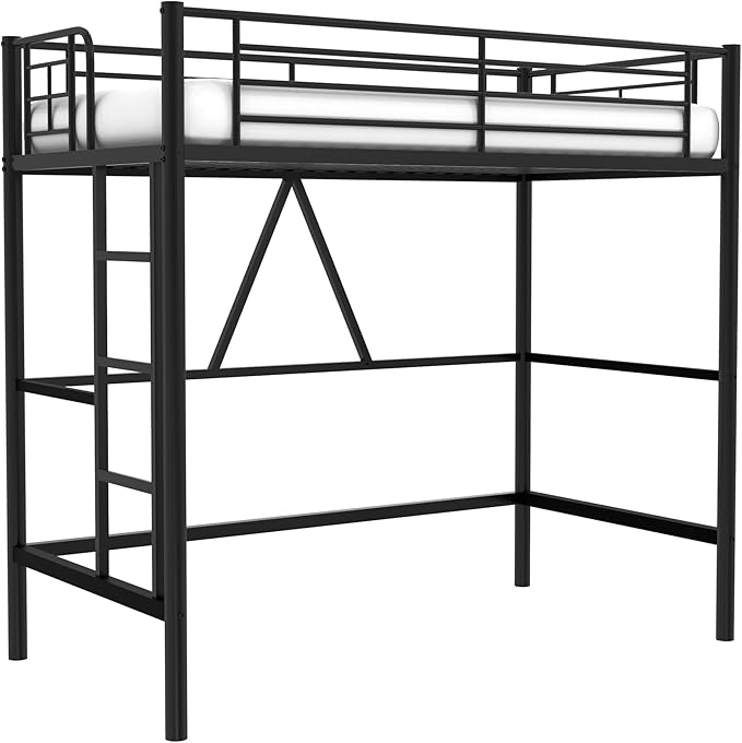 VECELO Metal Loft Bed Twin Size, Heavy Duty Bedframe with Removable Ladder and Safety Guardrail, Space-Saving, Noise Free, No Box Spring Needed, Black - LeafyLoom