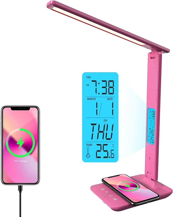 poukaran Desk Lamp, LED Desk Lamp with Wireless Charger, USB Charging Port, Table Lamp with Clock, Alarm, Date, Temperature, Office Lamp, Desk Lamps for Home Office, Pink - LeafyLoom