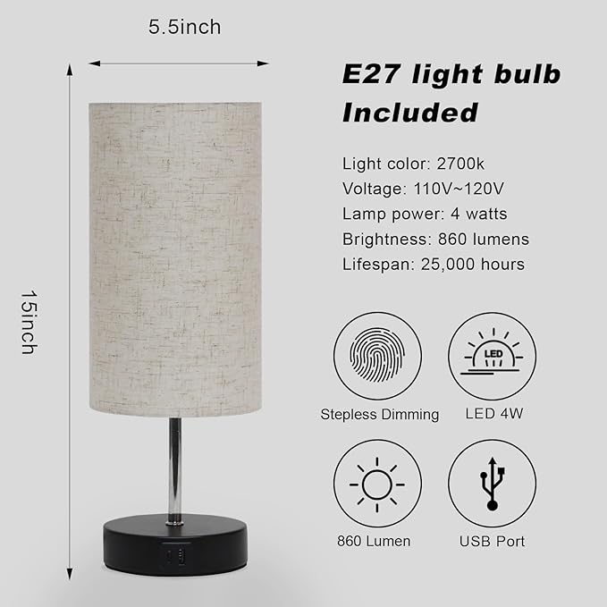 Touch Control Desk Lamp with 2 USB Ports, 3-Way Dimmable Bedside Lamp for Bedroom, Nightstand Lamp with Round Flower Fabric Shade for Living Room, Home Office (Brown-single) - LeafyLoom