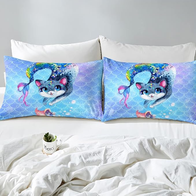 Rainbow Cartoon Cat Bed Sheet Set Colorful Mermaid Comforter Set for Kids Boys Girls Teens Room Decor Blue Mermaid Scales Bedding Set Set Ocean Gradient Style Bed Cover 2Pcs Twin Size - LeafyLoom