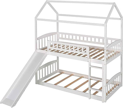 Twin Over Twin Bunk Bed with Slide for Kids Bedroom,Solid Pinewood Bedframe,House Bunkbeds w/Safety Guardrails & Roof Design,No Box Spring Needed, White - LeafyLoom