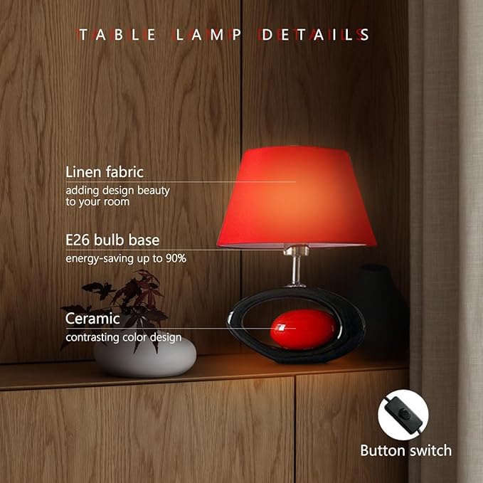 Red Modern Table Lamp, Ceramic Desk Lights with Linen Shade LED Bedroom Bedside Light Living Room Office Desk Night Lantern 14.8inch American Desktop Light for Home, E26 Base 60W 110V - LeafyLoom