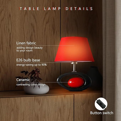 Red Modern Table Lamp, Ceramic Desk Lights with Linen Shade LED Bedroom Bedside Light Living Room Office Desk Night Lantern 14.8inch American Desktop Light for Home, E26 Base 60W 110V - LeafyLoom