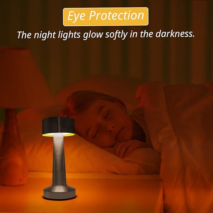 Cordless LED Touch Lamp, Dimmable Gold Yellow White 3 Colors, Rechargeable Portable Night Light for Kids Nursery Bedroom NightStand Bedside Lamp (Silver) - LeafyLoom