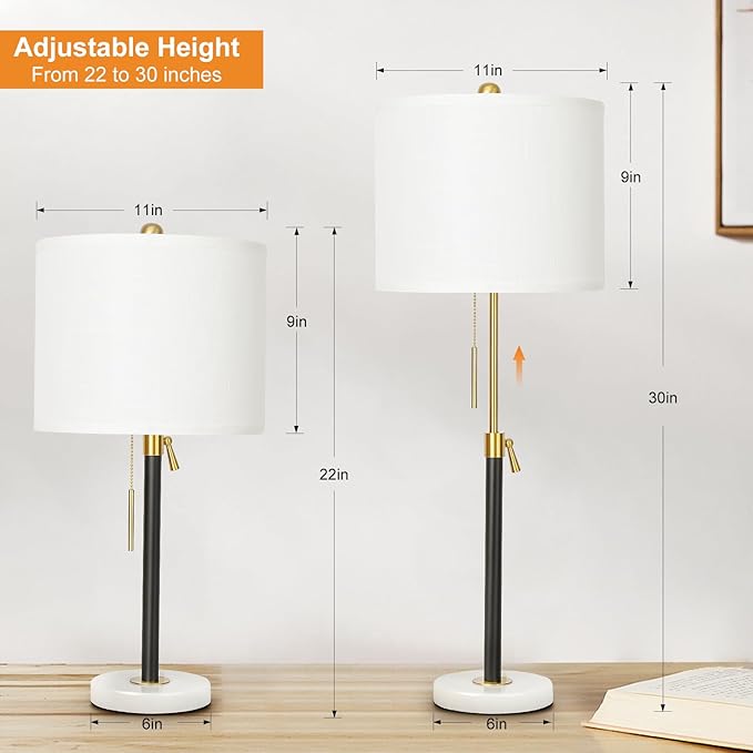 Black and Gold Table Lamps Set of 2: 22" to 30" Height Adjustable Nightstand Lamps with White Linen Shade | Pull Chain Switch | Marble Base - 3 Way Dimmable Beside Lamp for Bedrooms Living Room - LeafyLoom