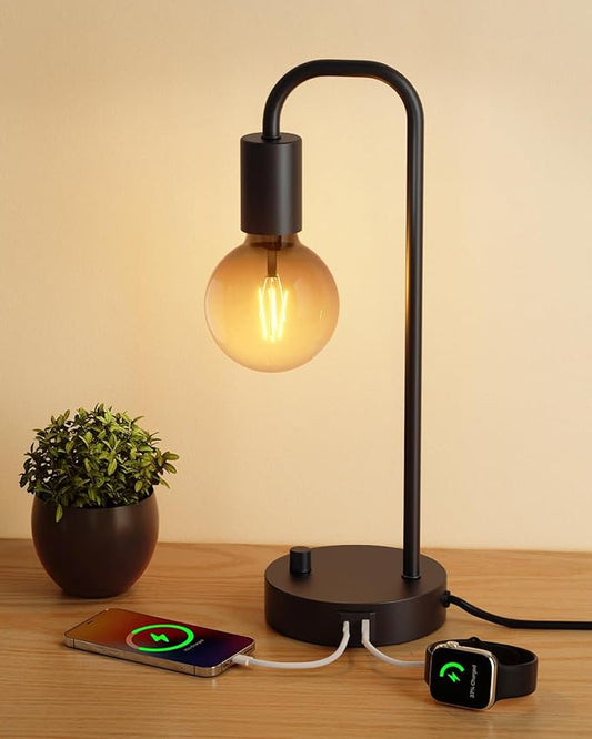 Industrial Table Lamp with 2 USB Port, Fully Dimmable Nightstand Bedside Lamps for Bedroom,Desk Lamps with 2700K Black Gradient Bulb for Reading Living Room,Office - LeafyLoom