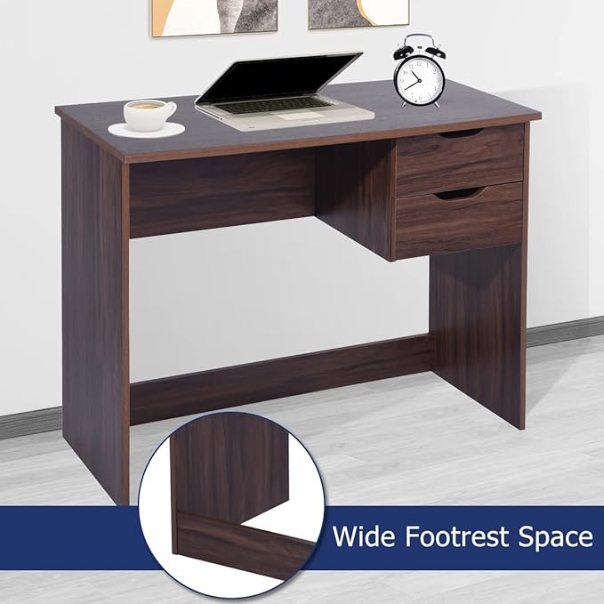 Home Office Computer Desk, 35.4" Small Study Writing Table, with Storage Drawers, Modern Teen Student Adult PC Table Desk, Walnut - LeafyLoom