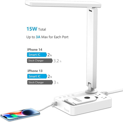 Drevet LED Desk Lamp with Wireless Charger, Desk Table Light with USB Charging Port and 2 Outlets, 3 Lighting Modes, 3 Level Brightness, 1H Timer, Touch Control, Eye-Caring Home Office Lamp, White - LeafyLoom