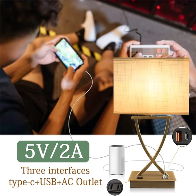 3-Way Dimmable Touch Control Medium Table Lamp with Type C/USB Charging Port and 1 AC Outlet White Shade 21.38" Bedside Nightstand Lamp for Bedroom Living Room Office and Hotel Bulb Included - LeafyLoom