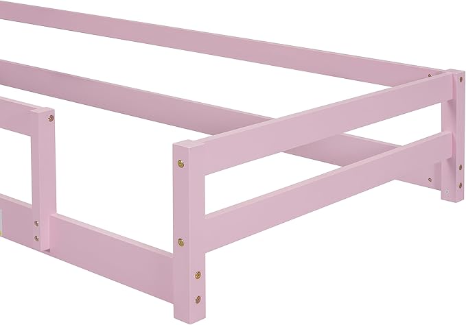 Bellemave Twin Size House-Shaped Headboard Floor Bed with Fences, Wooden Montessori Bed for Kids,House Bed Twin Frame for Girls,Boys (Pink) - LeafyLoom