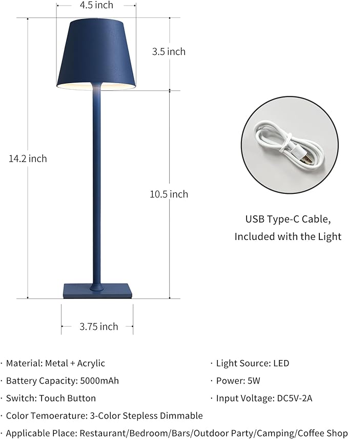 KDG 2 Pack Cordless Table Lamp,Portable LED Desk Lamp, 5000mAh Battery Operated, 3 Color Stepless Dimming Up, for Restaurant/Bedroom/Bars/Outdoor Party/Camping/Coffee Shop Night Light(Blue) - LeafyLoom