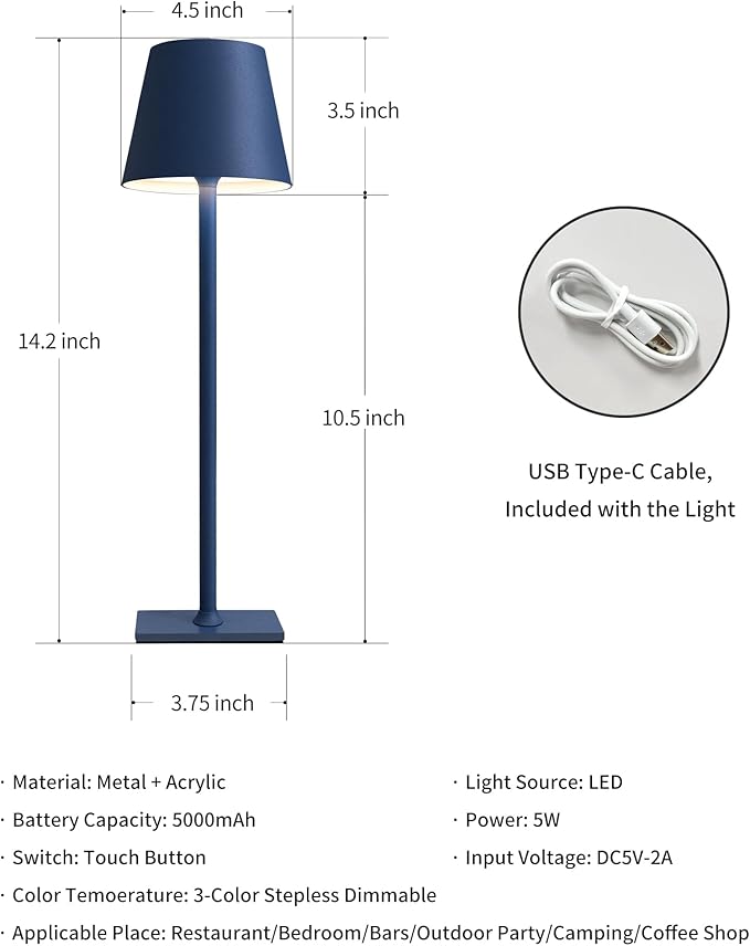 KDG 2 Pack Cordless Table Lamp,Portable LED Desk Lamp, 5000mAh Battery Operated, 3 Color Stepless Dimming Up, for Restaurant/Bedroom/Bars/Outdoor Party/Camping/Coffee Shop Night Light(Blue) - LeafyLoom