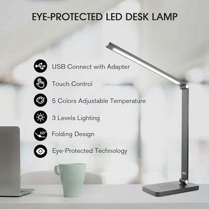 mafiti LED Desk Lamp for Home Office,Touch Desk Light 5 Light Modes 3 Brightness,Foldable Table Lamp with Adjustable Arm,Eye-Caring Lamp with USB Port, Bedside Lamp for working Reading Study,Black - LeafyLoom