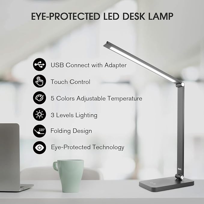 mafiti LED Desk Lamp Dimmable Table Lamp 5 Lighting Modes 3 Brightness Levels Foldable Desk Light Lamp for Home Office with Adjustable Arm, USB Charging Port, Touch Control (2 PCS) - LeafyLoom