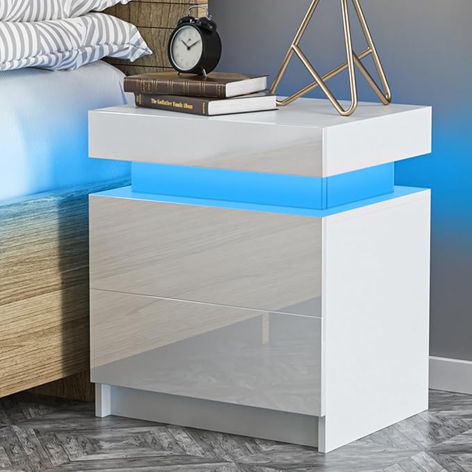 HOMMPA LED Nightstand White Nightstand with Led Lights Modern Night Stand with 2 High Gloss Drawers Led Bedside Table Smart Nightstand for Bedroom 20.5” Tall - LeafyLoom