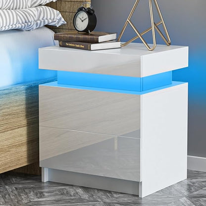 HOMMPA LED Nightstand White Nightstand with Led Lights Modern Night Stand with 2 High Gloss Drawers Led Bedside Table Smart Nightstand for Bedroom 20.5” Tall - LeafyLoom