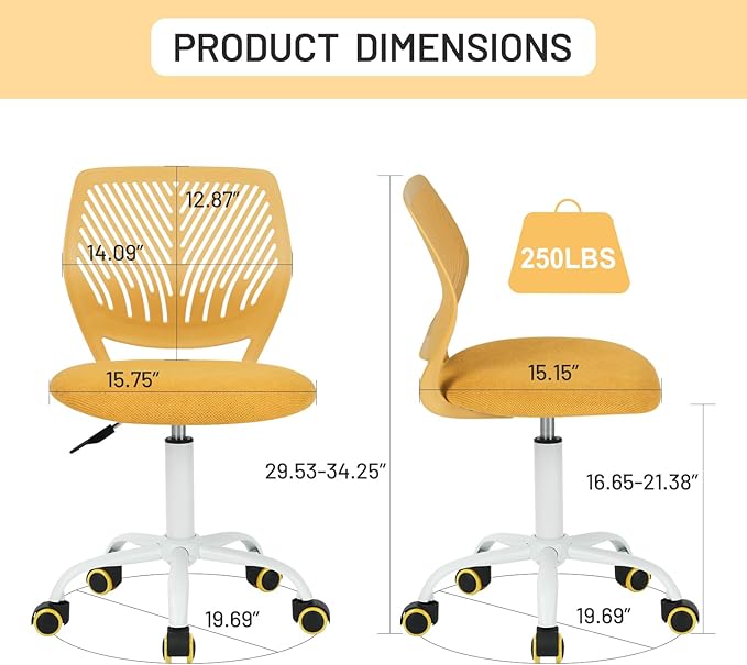 FurnitureR Kids Desk Chair, Small Adjustable Swivel Computer Task Chair with Plastic Backrest and Padded Seat Cushion, Fabric Armless Cute Rolling Child Office Chairs Study Chair, Yellow - LeafyLoom